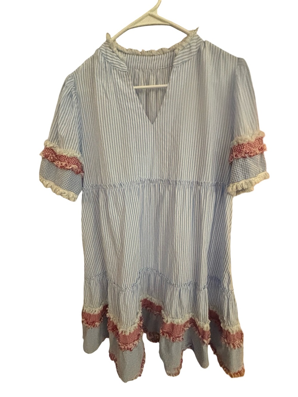 Blue Stripe Gingham Ruffle Trim Preppy Coastal Short Sleeve Tunic Dress X-Large